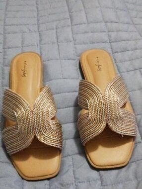 Women's Gold And Silver Braided Slide Sandals